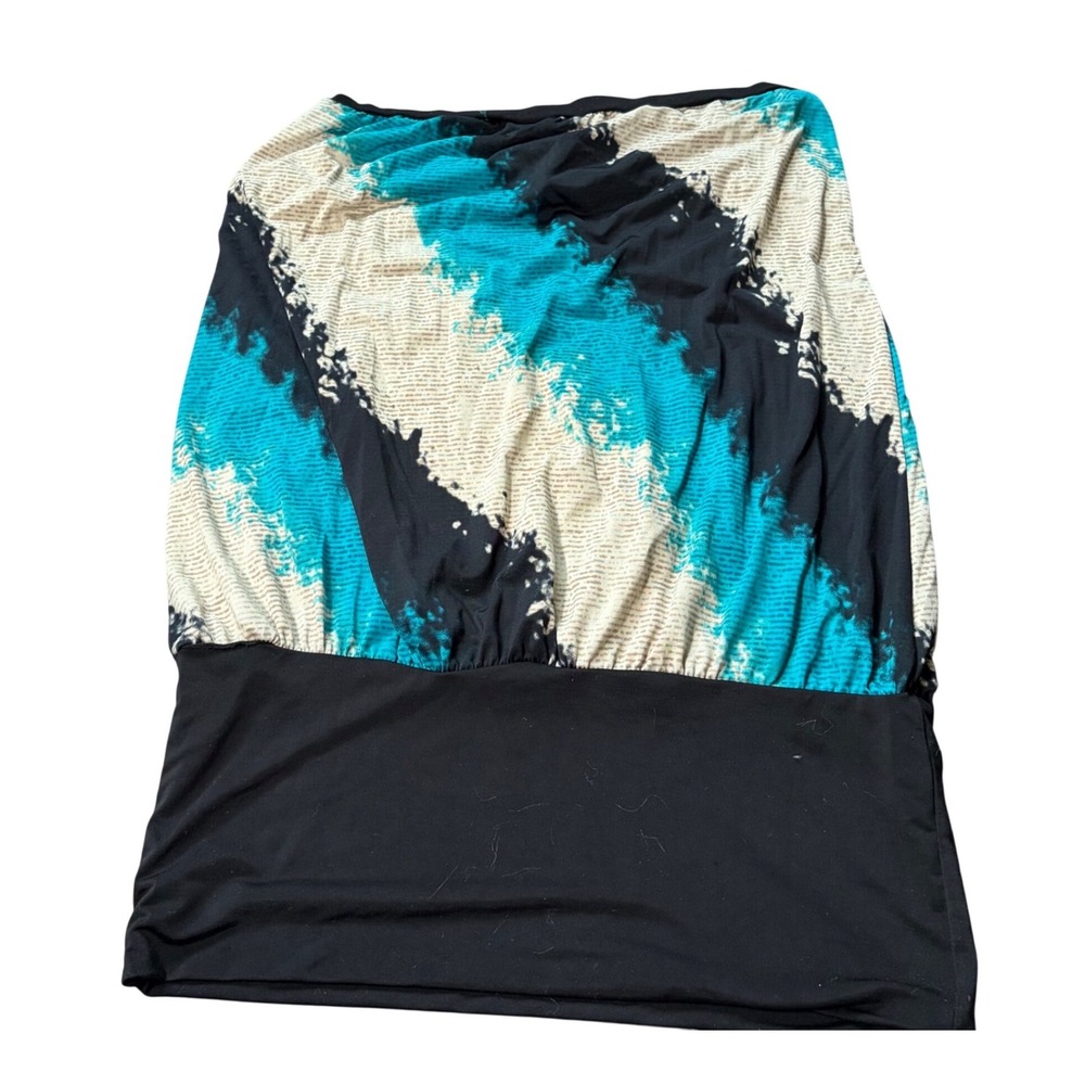 Club Party Sleaze‎ Strapless Tube Top Teal Black Cream Abstract Print Banded Hem